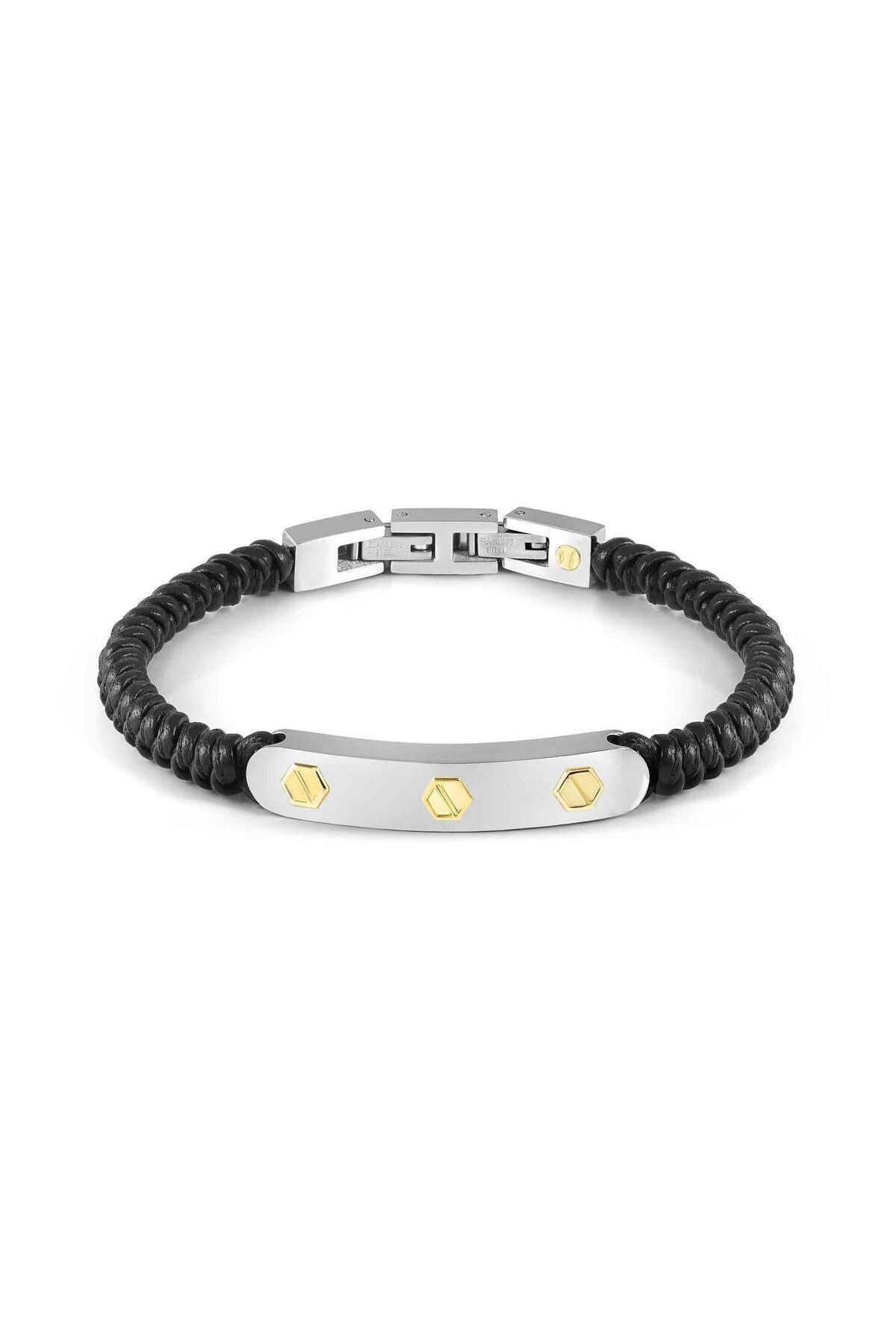 Standart bracelet in steel and 18k gold with leather lace Nut