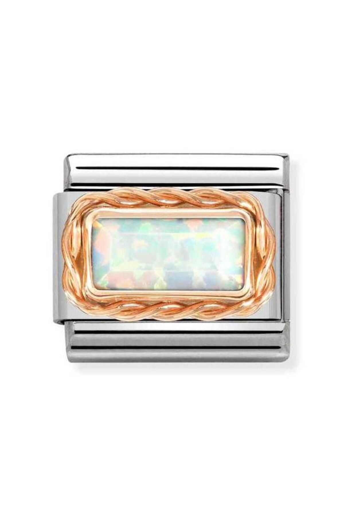 Classic Dekoratif Link - Baget Taş - Beyaz Opal -  9K Rose Altın