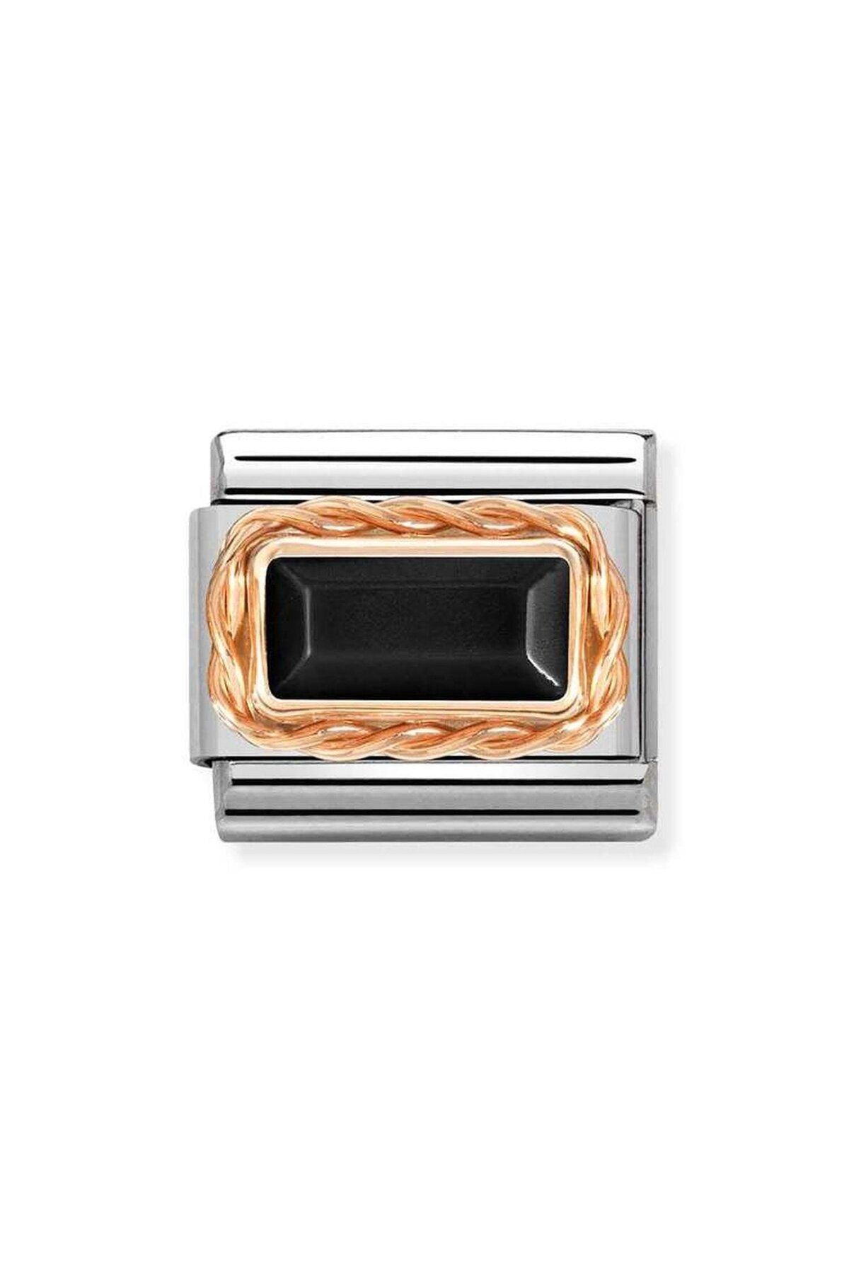Classic Dekoratif Link - Baget Taş - Siyah Akik -  9K Rose Altın