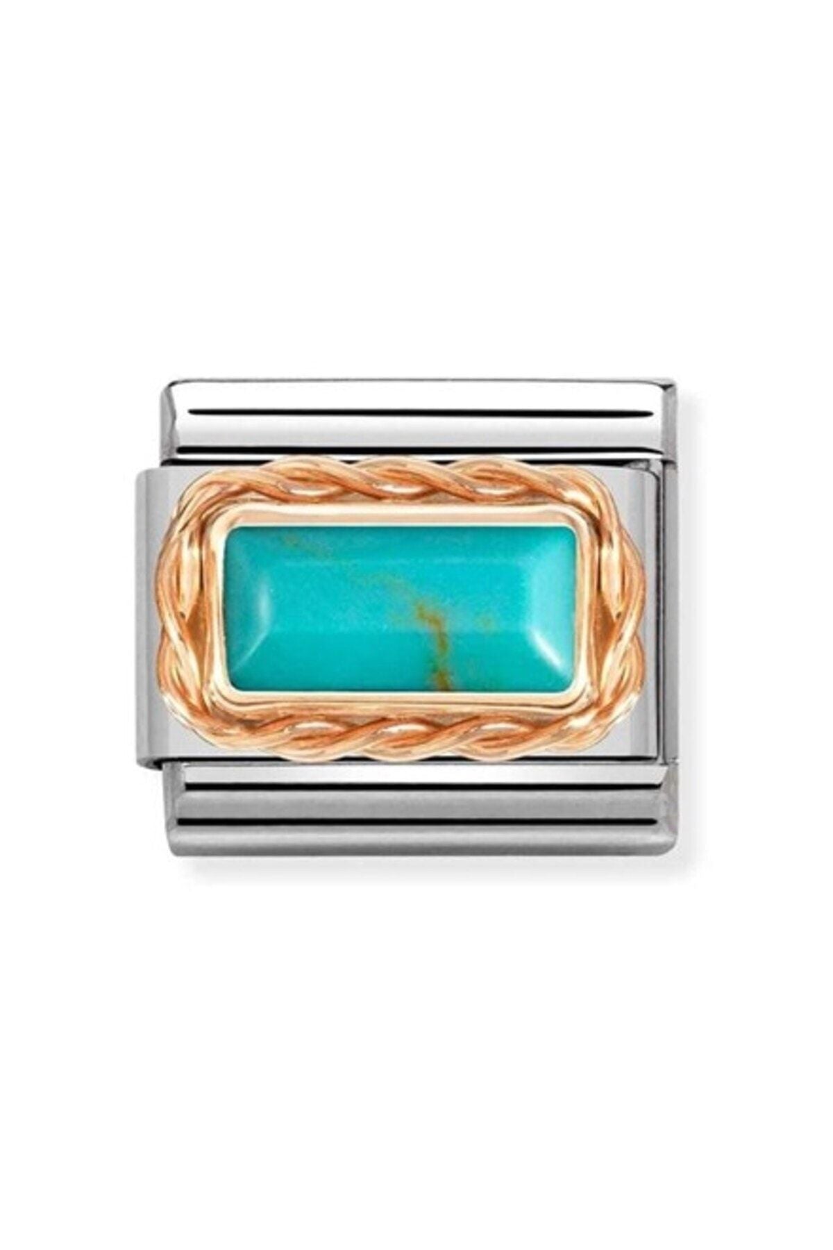 Classic Dekoratif Link - Baget Taş - Turkuaz - (06 Turquoise) 9K Rose Altın