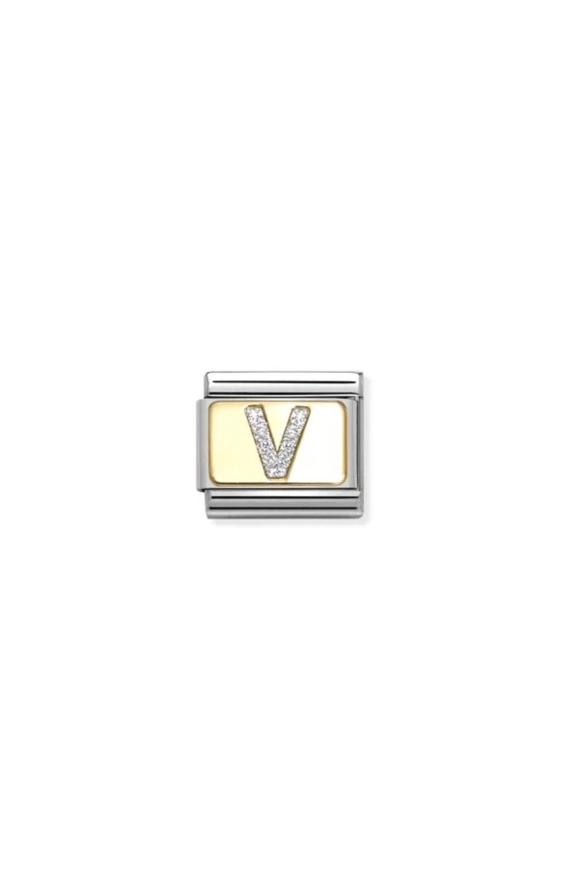 Classic Dekoratif Link - Harfler Pırıltılı - V - (22 V) 18K Altın