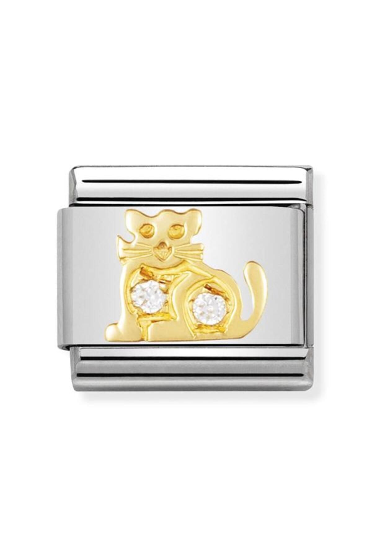 Classic Dekoratif Link - Hayvanlar - Beyaz kedi -  18K Altın Zirkon