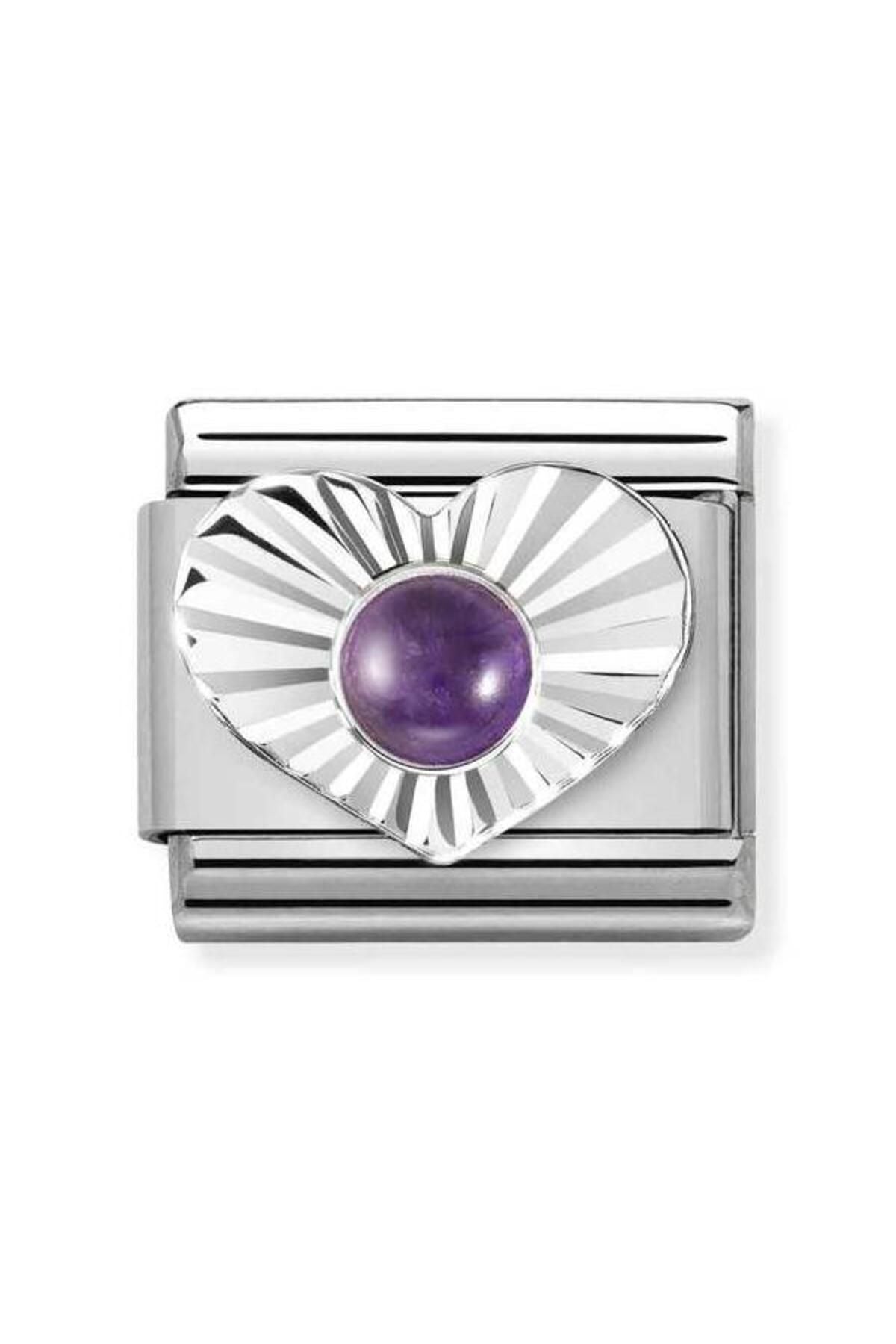 Classic Dekoratif Link - Taşlar Kalp Elmas - Ametist - (35 AMETHYST) 925 Gümüş
