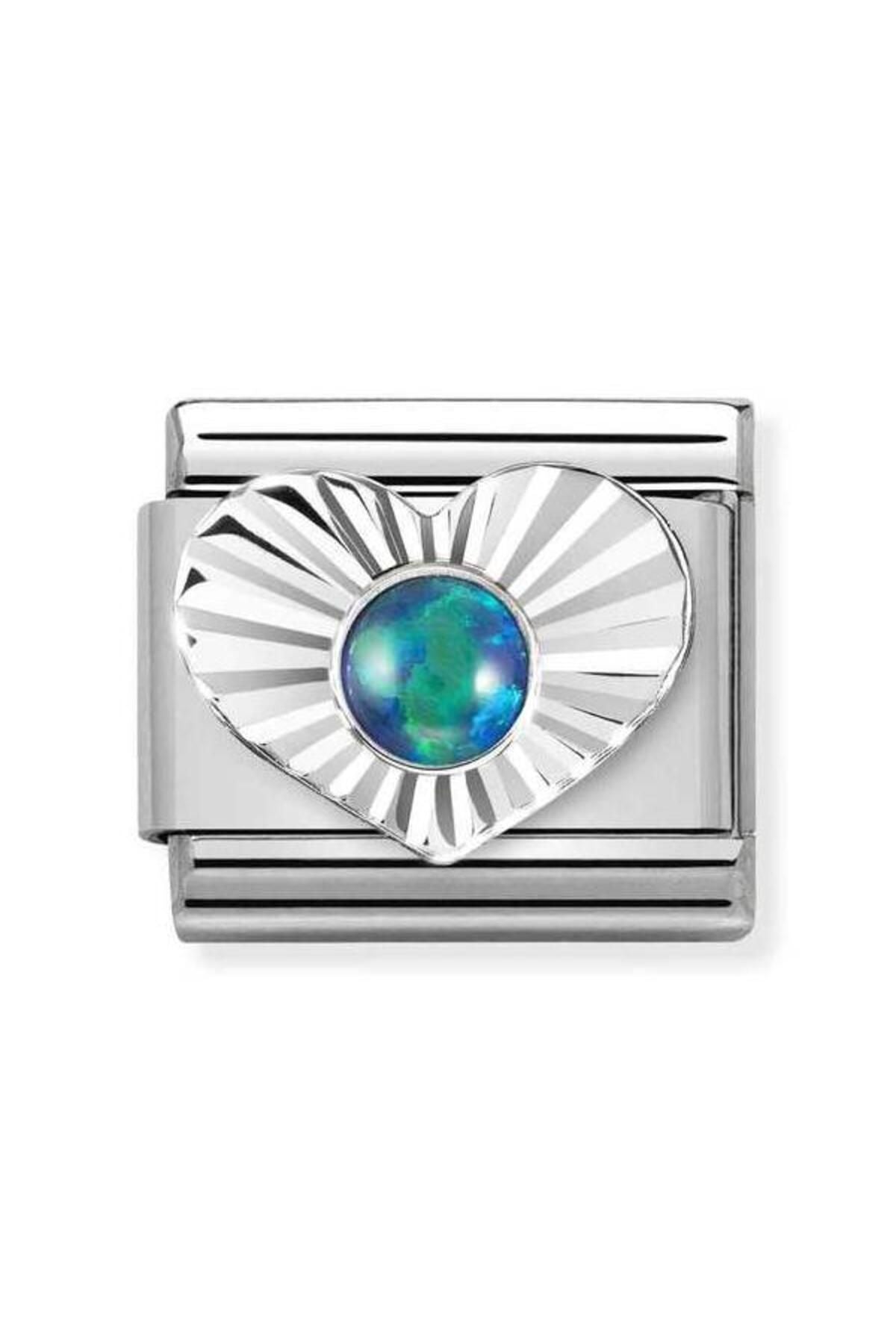 Classic Dekoratif Link - Taşlar Kalp Elmas - Yeşil Opal -  925 Gümüş