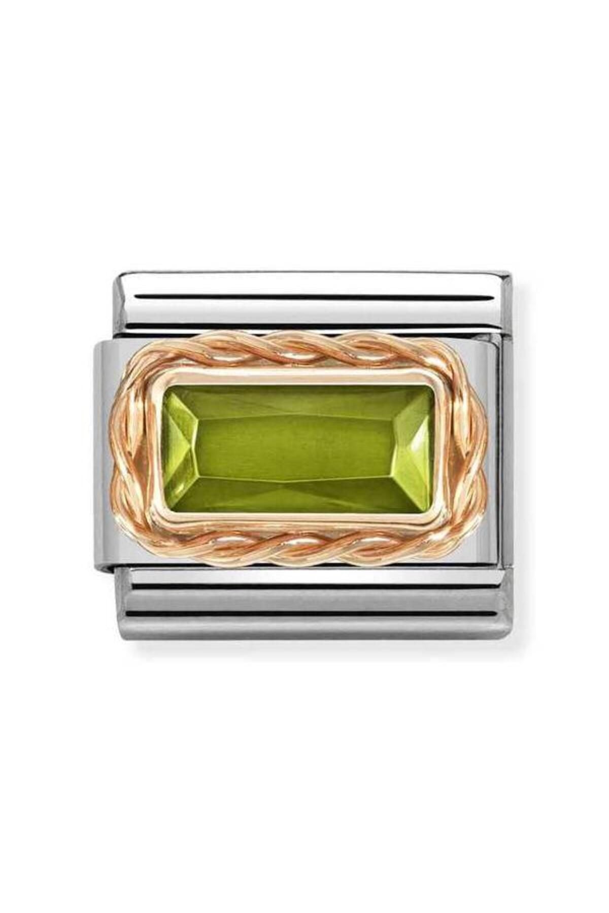 Classic Dekoratif Link - Yüzey İşlemeli Baget - Peridot yeşili -  9K Rose Altın