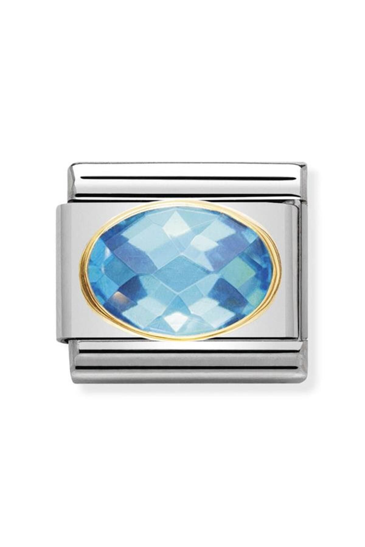 Classic Dekoratif Link - Yüzey İşlemeli Oval - Açık Mavi -  18K Altın