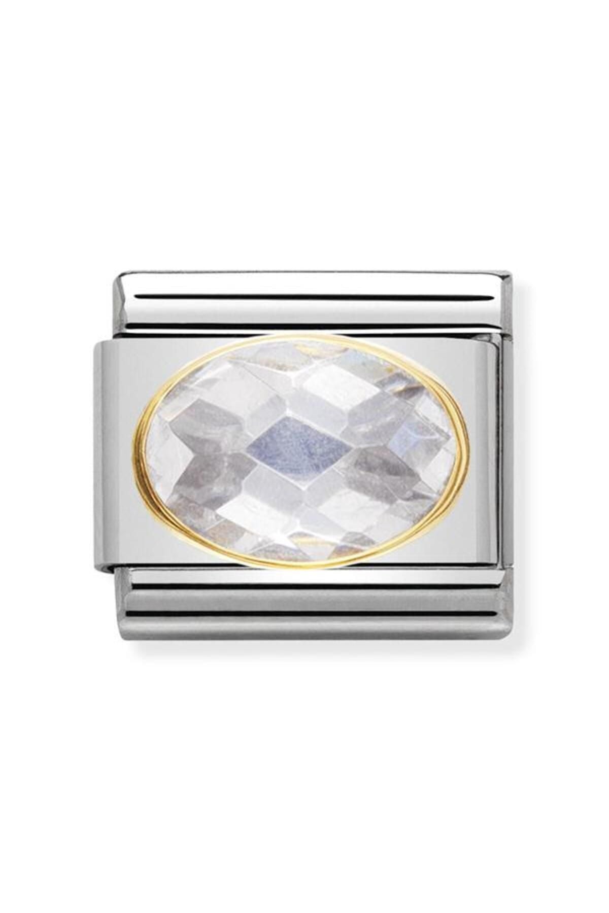 Classic Dekoratif Link - Yüzey İşlemeli Oval - Beyaz - (010 White) 18K Altın