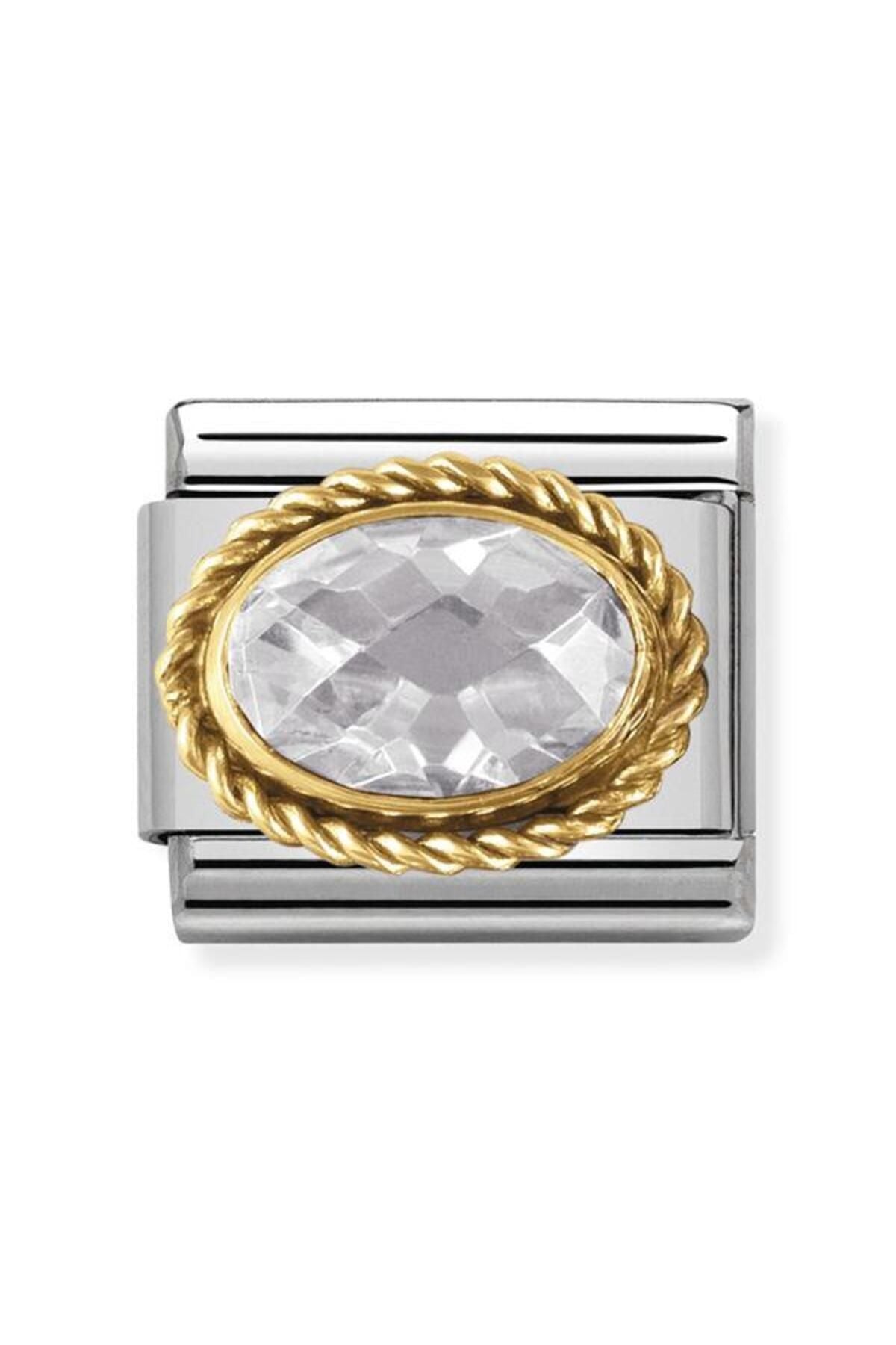 Classic Dekoratif Link - Yüzey İşlemeli Oval - Beyaz - (010 White) 18K Altın