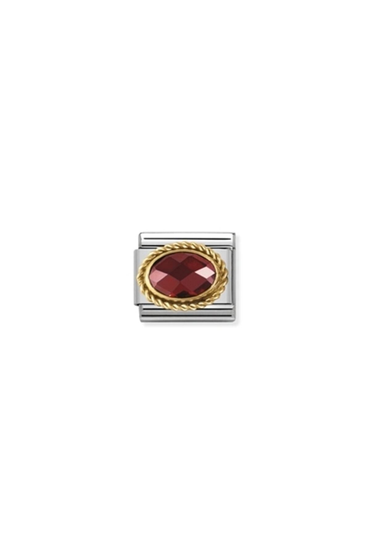 Classic Dekoratif Link - Yüzey İşlemeli Oval - Kırmızı - (005 Red) 18K Altın