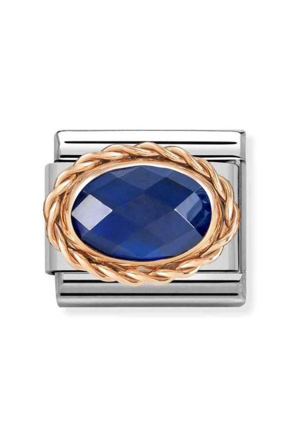 Classic Dekoratif Link - Yüzey İşlemeli Oval - Mavi - (007 Blue) 9K Rose Altın