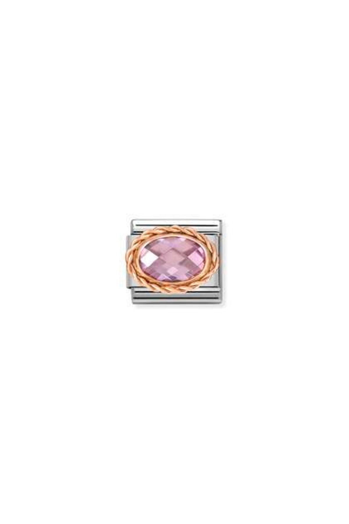 Classic Dekoratif Link - Yüzey İşlemeli Oval - Pembe -  9K Rose Altın