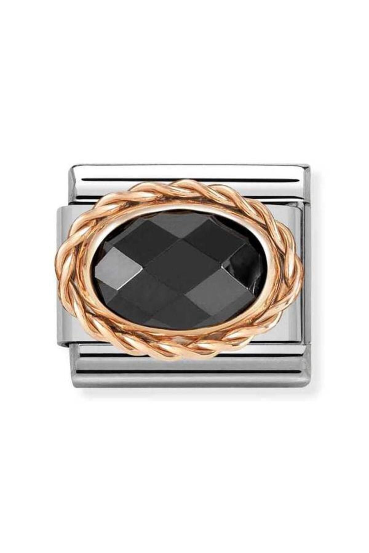 Classic Dekoratif Link - Yüzey İşlemeli Oval - Siyah -  9K Rose Altın