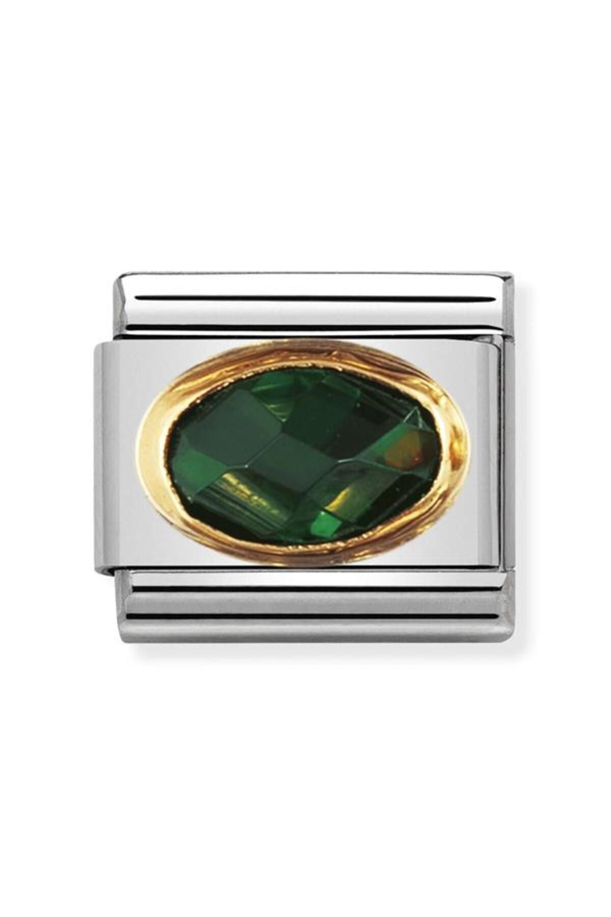 Classic Dekoratif Link - Yüzey İşlemeli Oval - Zümrüt Yeşili -  18K Altın