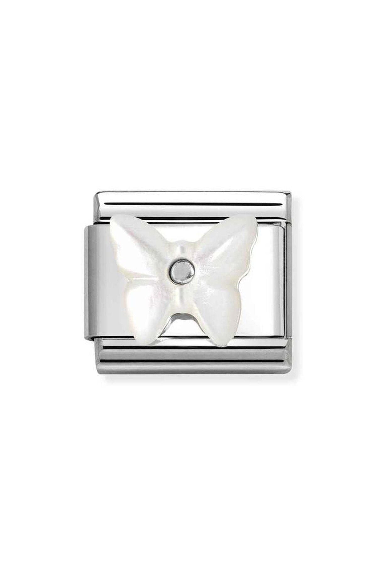 Classic STONE SYMBOLS in steel and 925 sterling silver Butterfly in WHITE MOTHER OF P