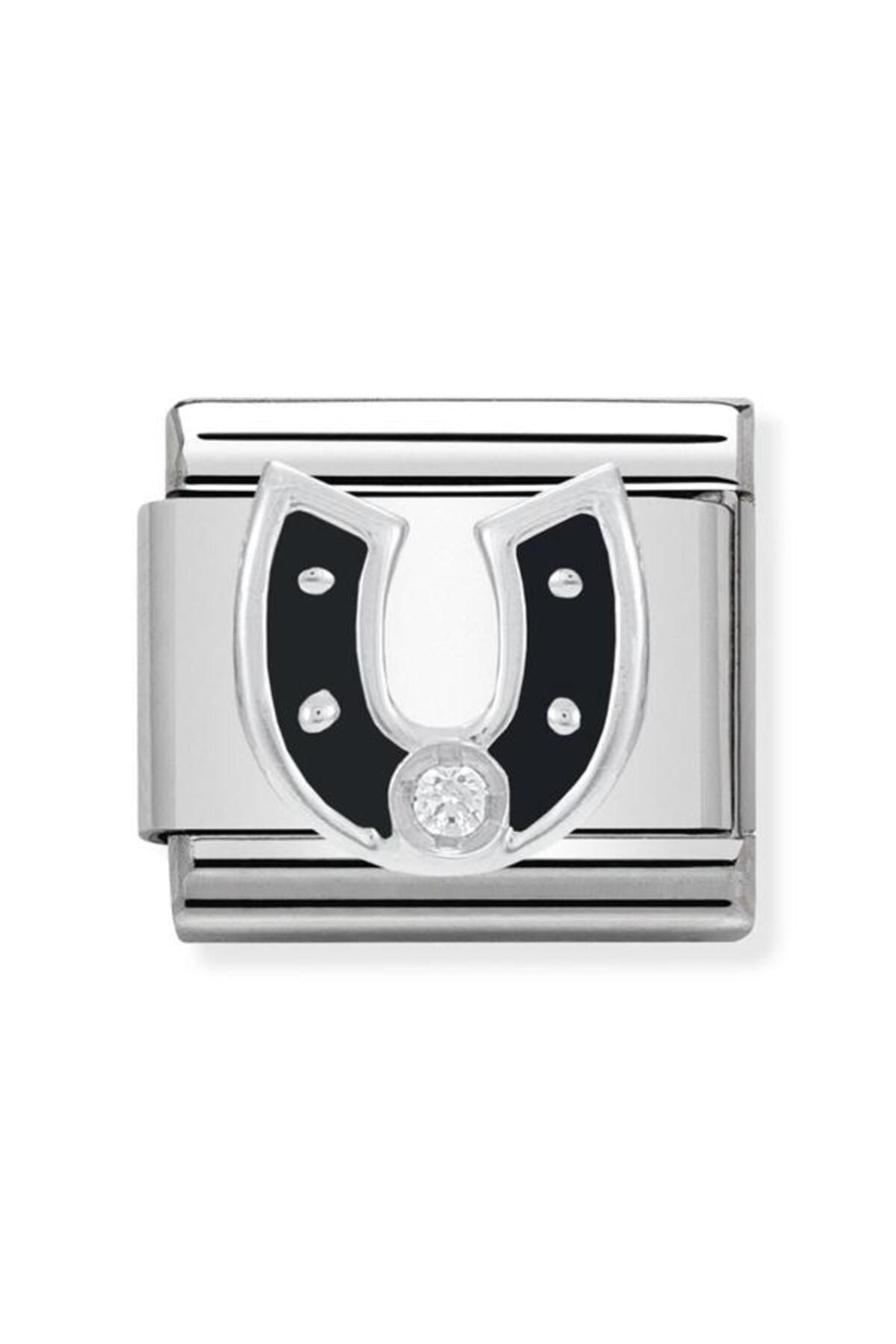 Composable Cl Simbols Paslanmaz Çelik, Emaye, 1 Yavru, Zirc Ve 925 Sterling Gümüş Siyah At Nalı
