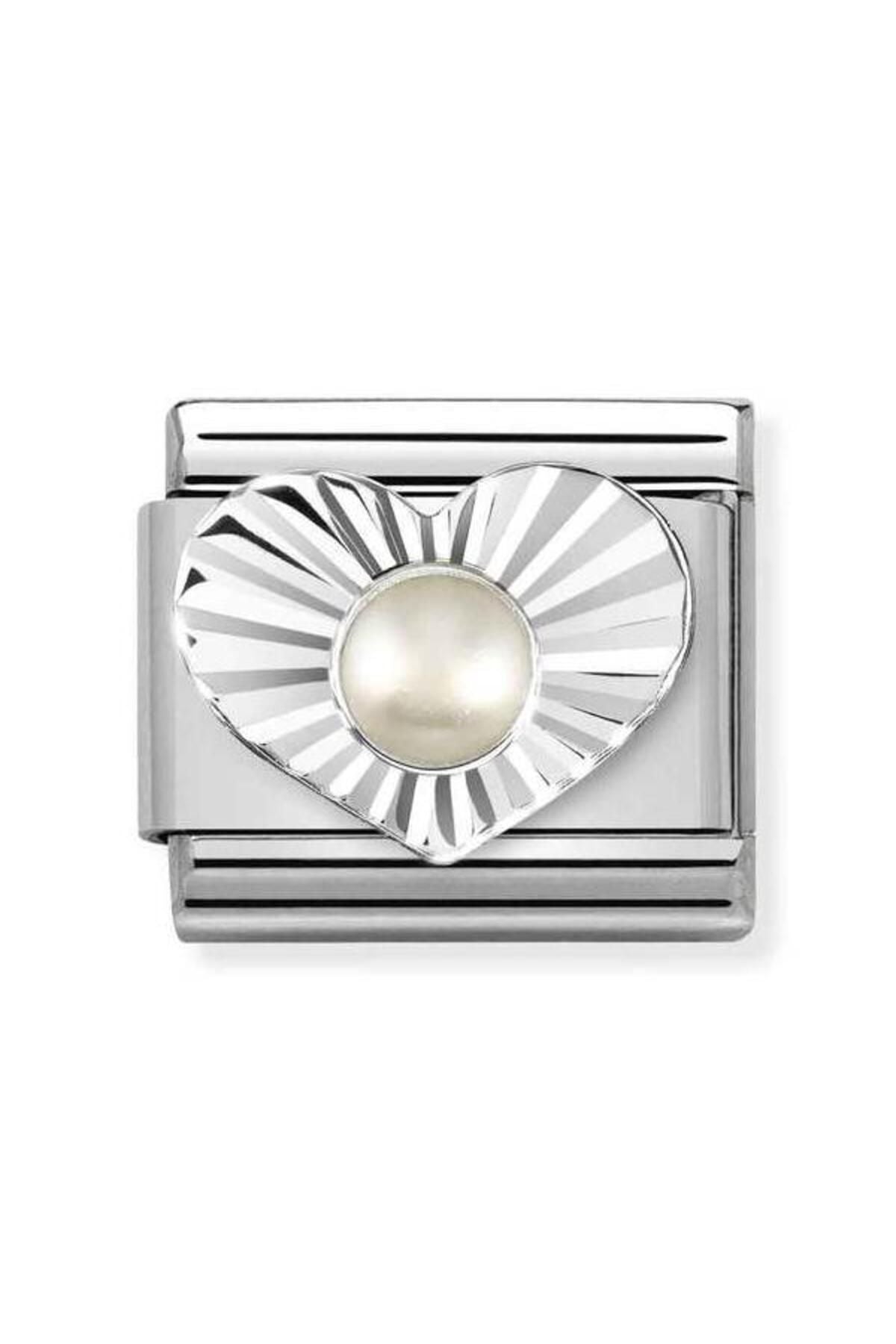 Composable Classic Dekoratif Link - Taşlar Kalp Elmas - Beyaz inci - 925 Gümüş