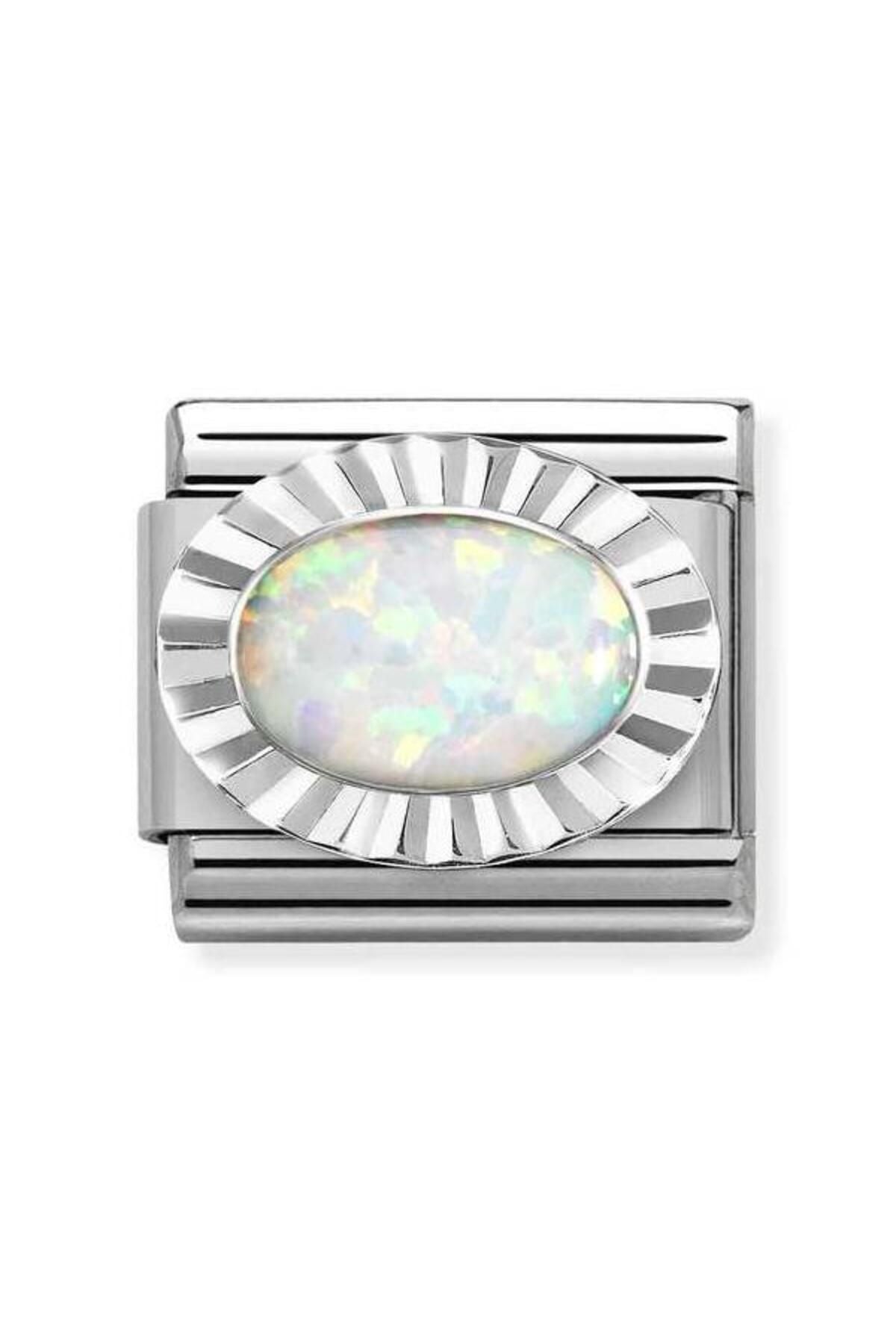 Composable Classic Dekoratif Link - Taşlar Oval Elmas - Beyaz Opal - 925 Gümüş
