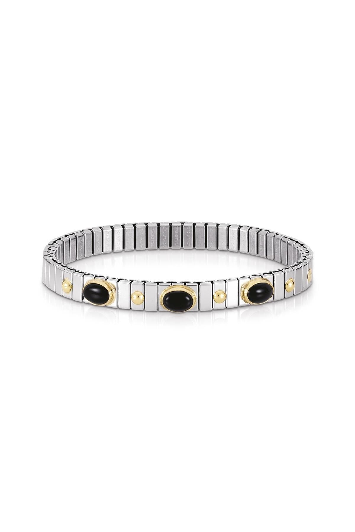 Extensıon Bracelet (s) In Stainless Steel With 18k Gold And 3 Stones (002_black Agate)