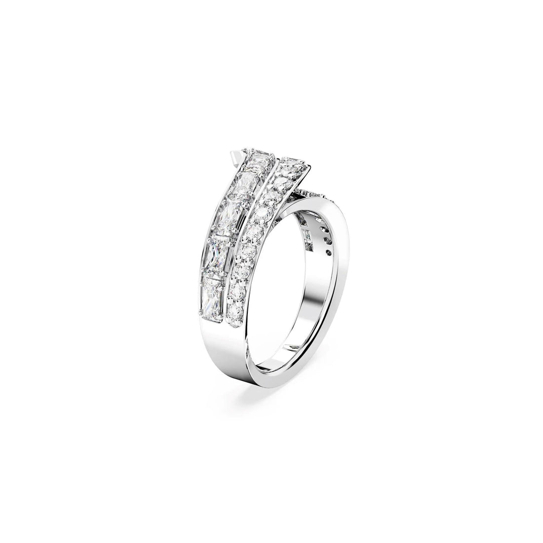 Hyperbola cocktail ring, Carbon neutral zirconia, Mixed cuts, Double bands, White, Rhodium plated 55 5665347