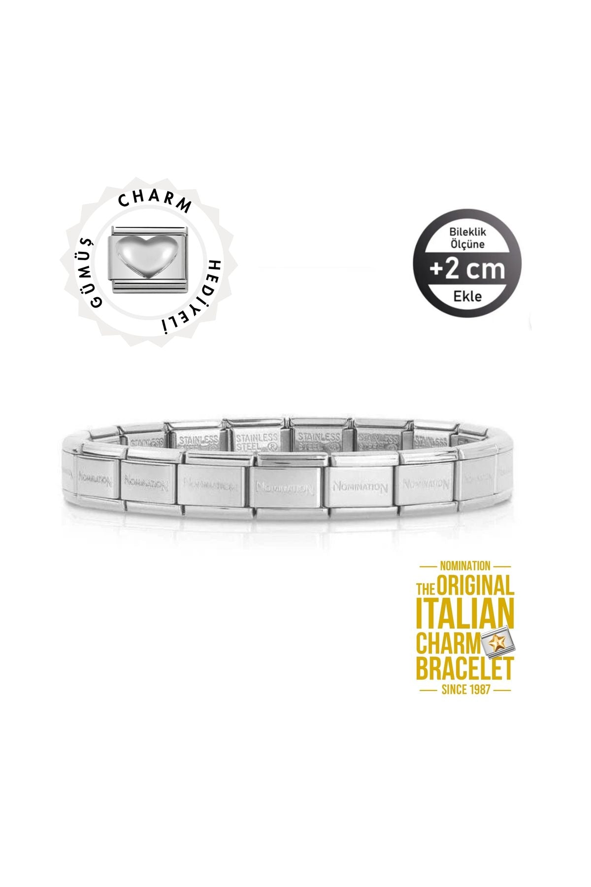 Orijinal İtalyan Charm Bileklik Kişiselleştirilebilir Çelik, Gümüş Kalp Link Hediyeli Made in Italy
